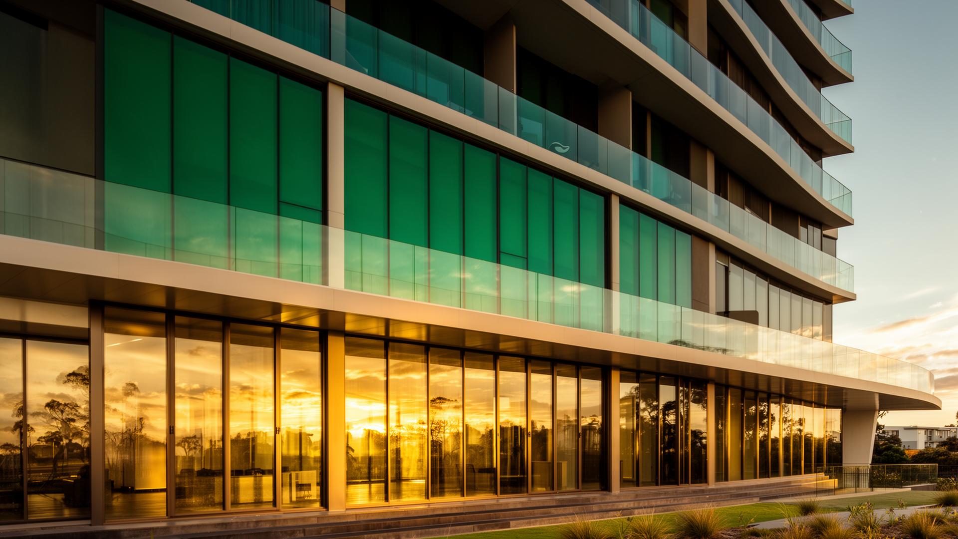 Premium architectural facade with aluminium windows and glass at golden hour